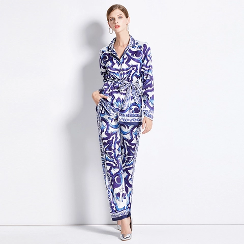 Stampa Floreale Barocca Satin Poliestere Maniche Lunghe Blusa Con Cintura E Pantaloni Dritti Donna Ufficio Casual Elegante