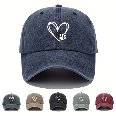 Washed Cotton Baseball Cap Vintage Heart Paw Print Breathable Sunshade Hat For Men Women Casual Outdoor Sports Adjustable