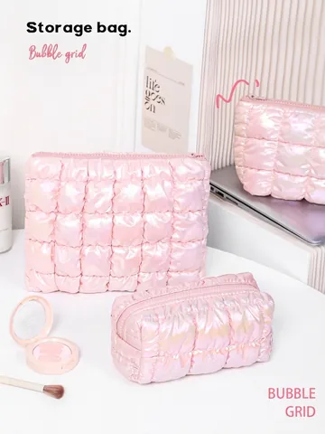 Iridescent Quilted Makeup Bag Puffy Grid Cosmetic Pouch Water Resistant Travel Toiletry Organizer Case For Women Girls