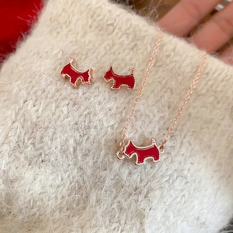 Collier Et Boucles D'oreilles Chien Scottie Émail Rouge Alliage Avec Tige En Argent Plaqué Or Bijoux Animaux Pour Femmes
