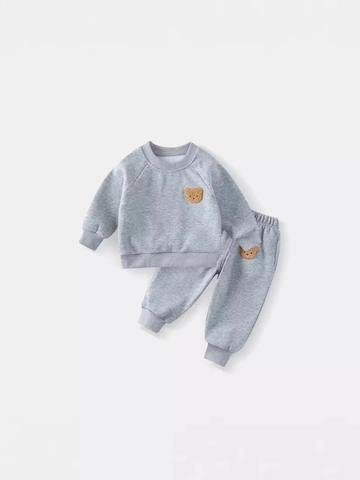 Kids Sweatshirt And Pants Bear Patch Cotton Polyester Fleece Lining Round Neck Long Sleeve Sports Outfit Boys Girls