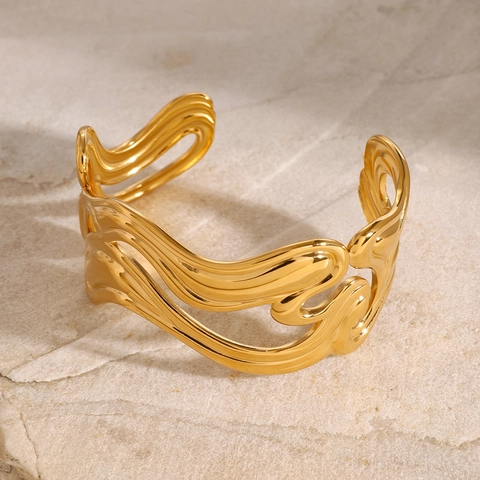 Wave Fluid Open Cuff Bangle Gold Plated Stainless Steel Irregular Wide Bracelet Waterproof Hypoallergenic For Women