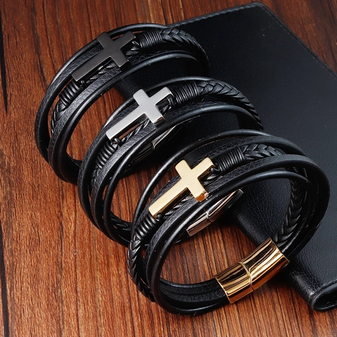 Bracciale Multistrato In Pelle Da Uomo Con Ciondolo A Croce In Acciaio Inossidabile Cordino Intrecciato Chiusura Magnetica