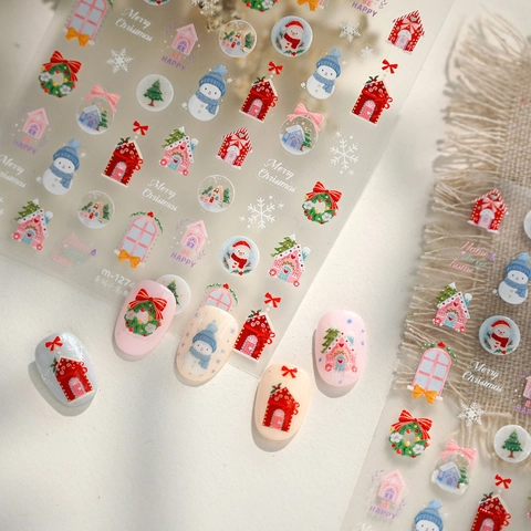 Autocollants Pour Ongles De Noël Relief 3D Flocon De Neige Bonhomme De Neige Maison De Pain D'épices Décalcomanies Décoration