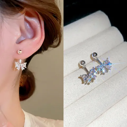 Boucles D'oreilles Puces Noeud Pendentif Cuivre Zircon Avec Tige En Argent Sterling 925 Doux Élégant Pour Femmes