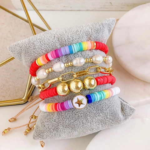 Bracelet Perles Eau Douce Naturelles Argile Polymère Heishi Chaîne Maillons Trombone Arc En Ciel Bijoux Bohème Femme