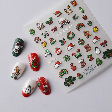 Autocollants À Ongles De Noël 5D Relief Gaufré Hiver Père Noël Bonhomme De Neige Auto-Adhésifs Imperméables Manucure Décorations DIY