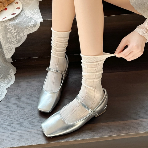 Damen Crew Socken Baumwollmischung Mesh Hohl Aus Rüschenrand Atmungsaktiv Süß Japanischer Stil