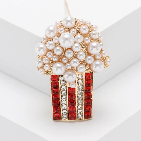 Broche Seau De Pop-corn Alliage Métal Doré Avec Imitation Künstliche Perles Et Strass Bijoux Fantaisie Mignons Accessoire De Revers