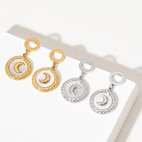 Französische Retro Runde Tropfenohrringe Edelstahl Muschel Mond Relief Hammerschlag Textur Vintage Elegant Damen