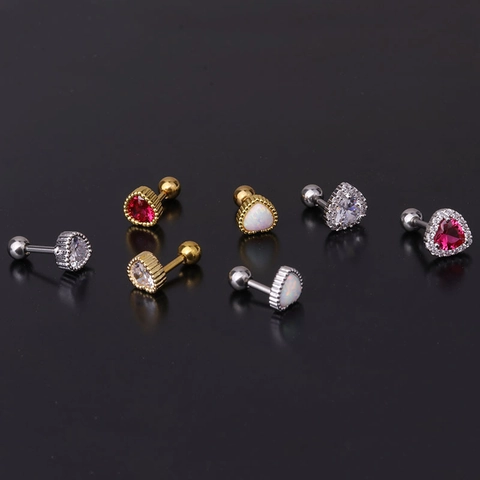 Heart Shaped Ear Cartilage Stud Stainless Steel Copper Zirconia Opal Inlaid Piercing Earring Screw Ball Back Jewelry