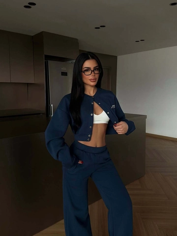 Giacca E Pantaloni In Cotone Da Donna Felpa Corta Con Bottoni Vita Alta Gamba Larga Dritta Sportivo Streetwear