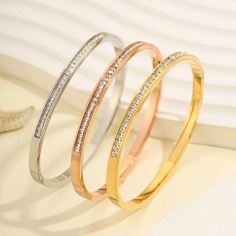Elegant Stainless Steel Row Zircon Bracelet Hinged Clasp Luxury Minimalist Jewelry For Women Shiny Fashion