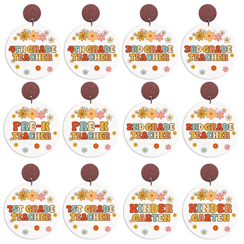 Houten Ronde Hangende Oorbellen Retro Bloemenprint Klas Belettering Leraar Cadeau Bohemien Vintage Stijl Vrouwen