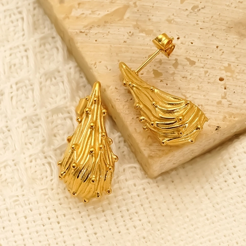 Water Drop Stud Earrings 304 Stainless Steel 18K Gold Plated Textured Thorn Surface Hypoallergenic Waterproof Trendy Jewelry For Women