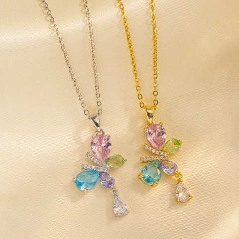 Vlinder Hanger Ketting Met Gekleurde Zirkonia Stenen Roestvrij Staal Elegante Sieraden Voor Dames Cadeau