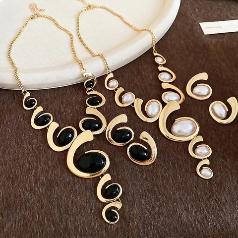 Vintage Luxury Alloy Jewelry Faux Artificial Pearl Acrylic Geometric Spiral Pendant Necklace And Earrings For Women