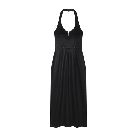 Halter Neck Backless Bodycon Midi Dress Black Sleeveless Slim Fit Coated Fabric Elegant Party Evening For Women
