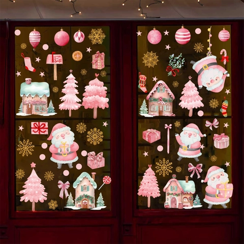 Christmas Pink Watercolor Window Stickers PVC Static Cling Wall Decals Santa Claus Tree Snow Cabin Decor For Nursery