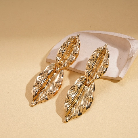 Metallic Gold Leaf Drop Earrings With Double Layer Realistic Veins Iron Jewelry And Steel Earring Post