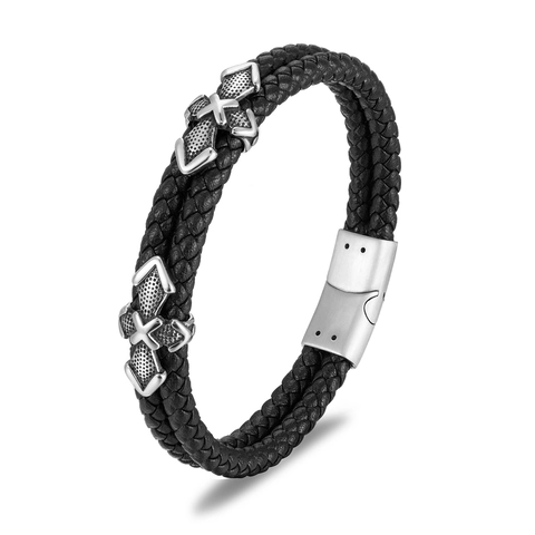 Bracciale In Pelle Intrecciata Da Uomo Con Ciondoli In Metallo In Acciaio Inossidabile Gioielli Di Moda Punk Multistrato