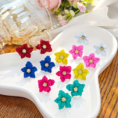 Chic 3D Multi-layer Flower Stud Earrings For Women Colorful Matte Alloy Floral Ear Jewelry Sweet Style