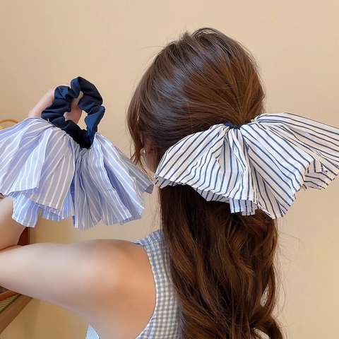 Oversized Pleated Striped Hair Scrunchies Large Bow Hair Clips Fabric Ponytail Holder Fashion Headwear For Women