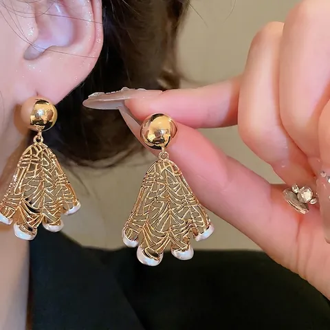 Pendientes Colgantes Huecos En Forma De Abanico Con Perla Artificial De Imitación Y Poste De Plata De Ley 925 Vintage Para Mujer