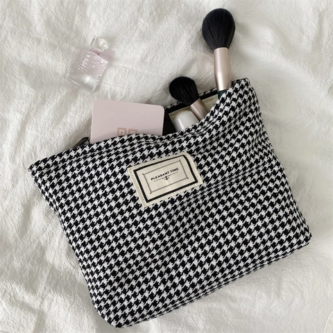 Houndstooth Jacquard Makeup Bag Large Capacity Travel Toiletry Pouch Zipper Portable Cosmetic Storage Organizer Women