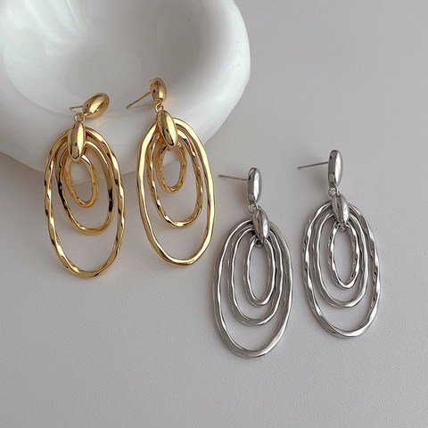 Multi Layered Oval Dangle Earrings Gold Plated Copper Geometric Hollow Textured Retro Minimalist Fashion Jewelry For Women