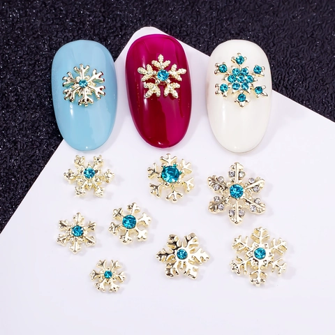 Breloques Pour Ongles En Flocon De Neige Alliage Or Métal Avec Strass Bleus Style Hiver Noël Décorations De Manucure