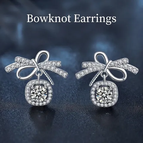 925 Sterling Silver Bowknot Moissanite Stud Earrings For Women Round Cut D Color Moissanite Halo Dangle Earrings With GRA Certificate Jewelry