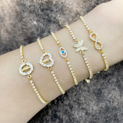 Adjustable Copper Gold Plated Cubic Zirconia Bracelet For Women Evil Eye Virgin Mary Butterfly Infinity Elegant Fashion