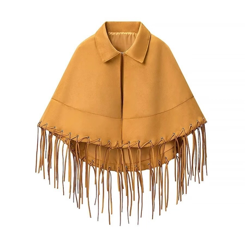 Women Fashion Suede Fringe Cloak Shawl Lapel Zipper Casual Outerwear Solid Color Tassel Poncho Wrap For Ladies