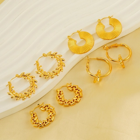 Hoop Ohrringe 18K Vergoldet Edelstahl Geometrische Stern Anhänger Texturierte Fächer Blatt Gliederkette Retro Stil Für Damen