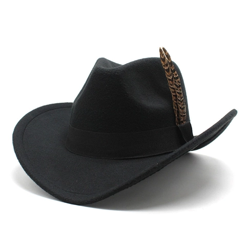 Western Cowboy Fedora Hat Wool Felt Wide Brim Feather Decor Ribbon Band Windproof String Outdoor Sunshade Unisex Vintage Style