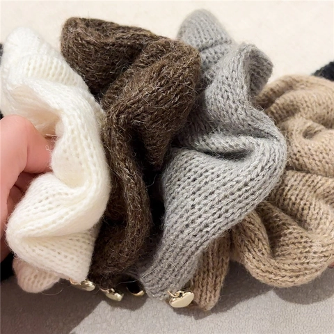 Knitted Woolen Hair Scrunchies With Heart Metal Pendant Solid Color Elastic Hair Ties Fashion Accessories For Women