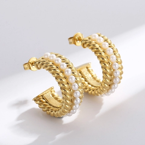 Vintage Französische Künstliche Perlen C-Form Creolen Für Damen Edelstahl Vergoldet Gedrehte Textur Eleganter Schmuck