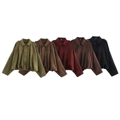 Giacca In Finta Pelle Scamosciata Donna Collo A Revers Manica A Pipistrello Casual Vintage Streetwear
