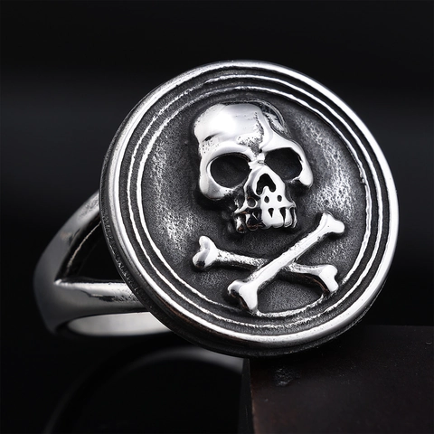 Vintage Skull And Crossbones Ring Stainless Steel Gothic Punk Signet Biker Jewelry For Men
