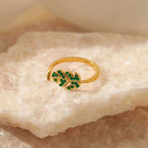 Leaf Stainless Steel Ring With Green Zircon Gold Plated Open Adjustable Elegant Jewelry For Women Fashion Gift