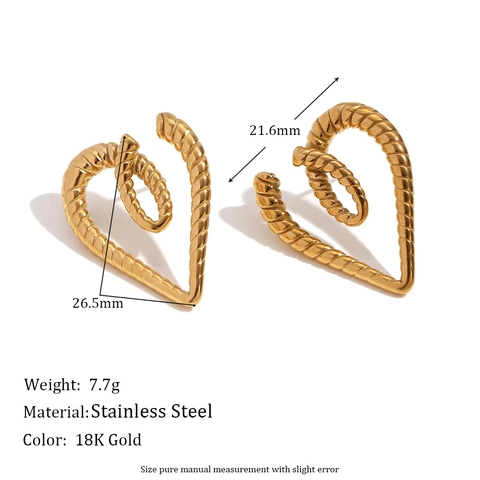 Pendientes de Botón de Corazón de Acero Inoxidable Vintage Textura de Cuerda Retorcida Chapado en Oro Plata Joyas Mujer