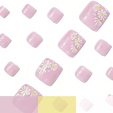 Glanzende Press On Teennagels Kort Vierkant Wit Madeliefje Bloemenontwerp Zoetroze Kunstmatige Voetnagels Voor Dames