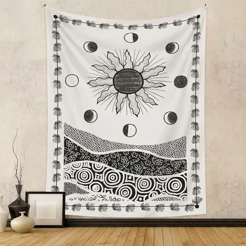 Arazzo Da Parete Bohemien Sole Fasi Lunari Nero Bianco Poliestere Mistico Decorazione Camera Soggiorno