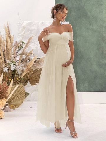 Off Shoulder Mesh Maternity Maxi Dress High Slit Pleated Elegant Photography Gown Women Evening Party Solid Apricot