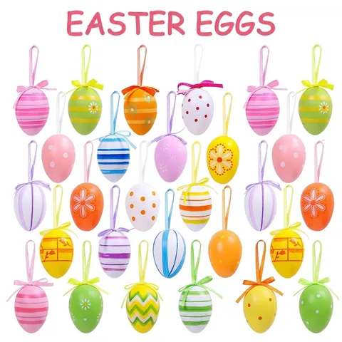 Uova Di Pasqua Decorative Dipinte Appese Ornamenti In Plastica Colorati Con Nastri Motivo Fiori Righe Decorazione Casa