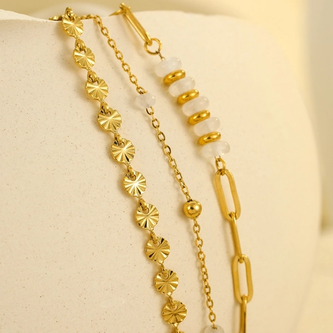Fashion Gold Multi-Layer Stacked Stainless Steel Bracelet With Natural Stone White Beads Disc Pendant Women Jewelry