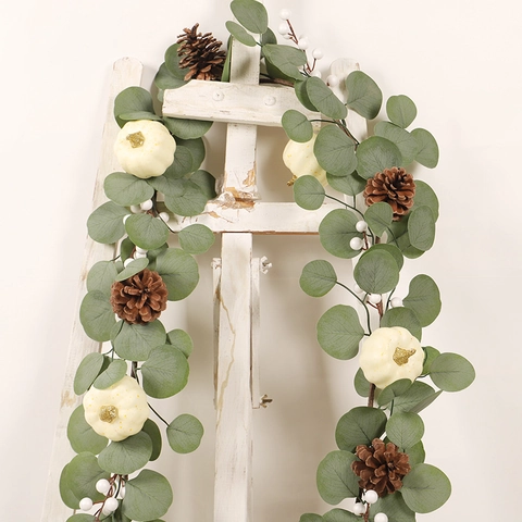 Artificial Eucalyptus Garland White Pumpkins Natural Pine Cones Berries Fall Christmas Thanksgiving Wedding Home Door Decor