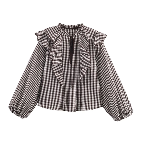 Damen Karo Bluse Mit Volants V-Ausschnitt Bindeband Langarm Laternenärmel Popeline Hemd Elegant Gingham Top