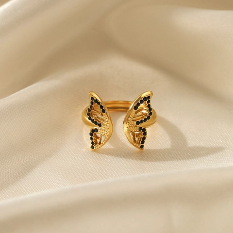 Vlinder Open Ring Roestvrij Staal Verguld Zwarte Zirkonia Verstelbaar Mode Sieraden Voor Dames
